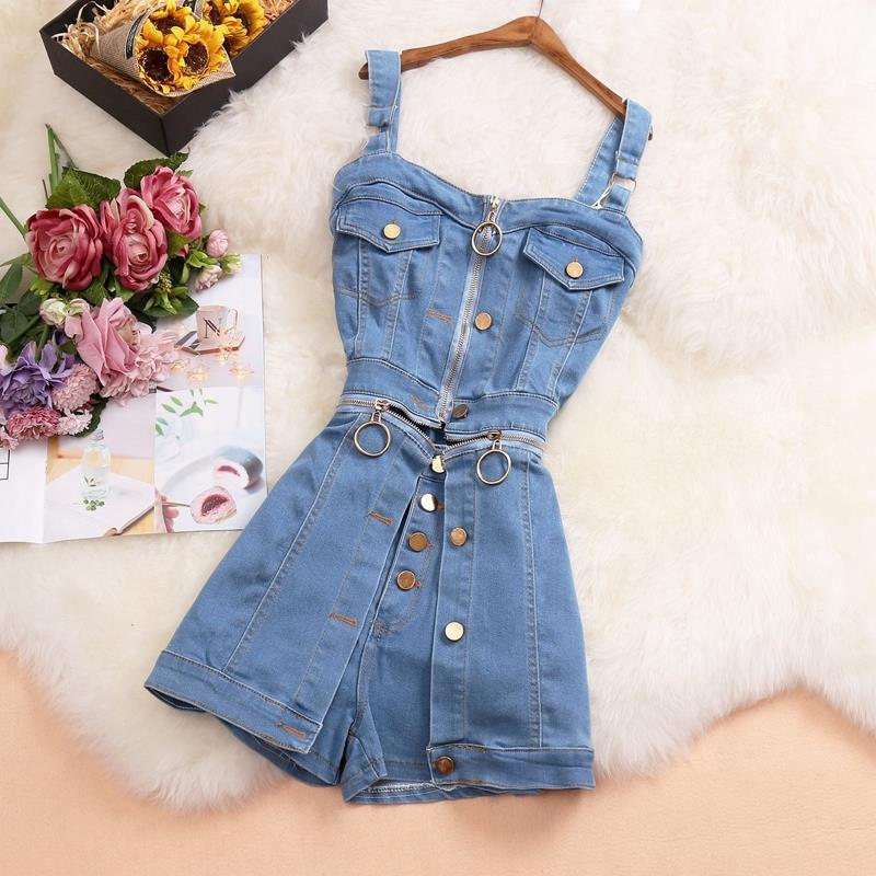 

2021 Summer New Arrival Zipper Women Jumpsuits Korean Spaghetti Strap Button Female Playsuits Streetwear Bodysuits, Sky blue