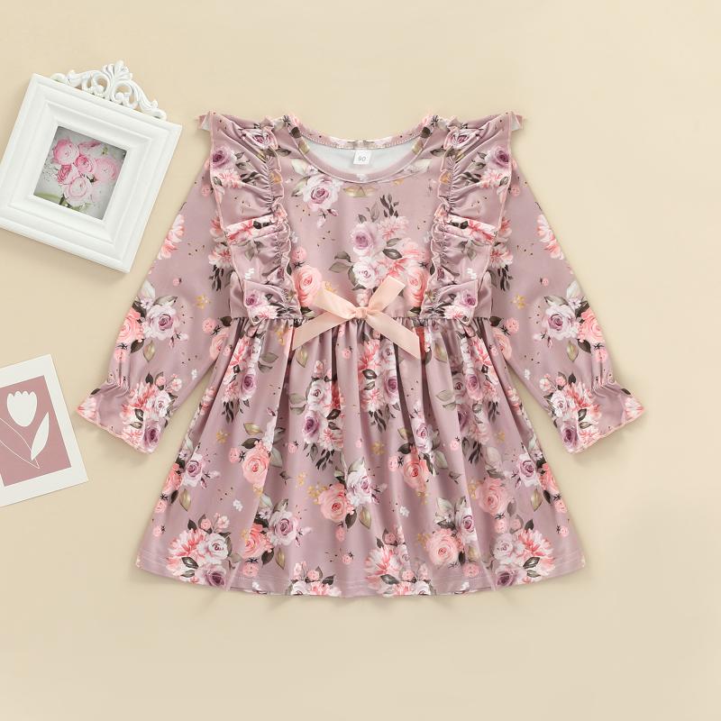 

Girl's Dresses Kids Girls Spring Autumn Dress Casual Long Sleeve Floral Printed Ruffled Bowknot Lace Princess, Red;yellow
