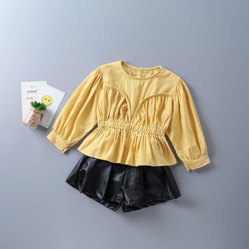 

2-7 years high quality girl clothing set autumn casual tiered ruched solid shirt + leather pant kid children clot 210615, White