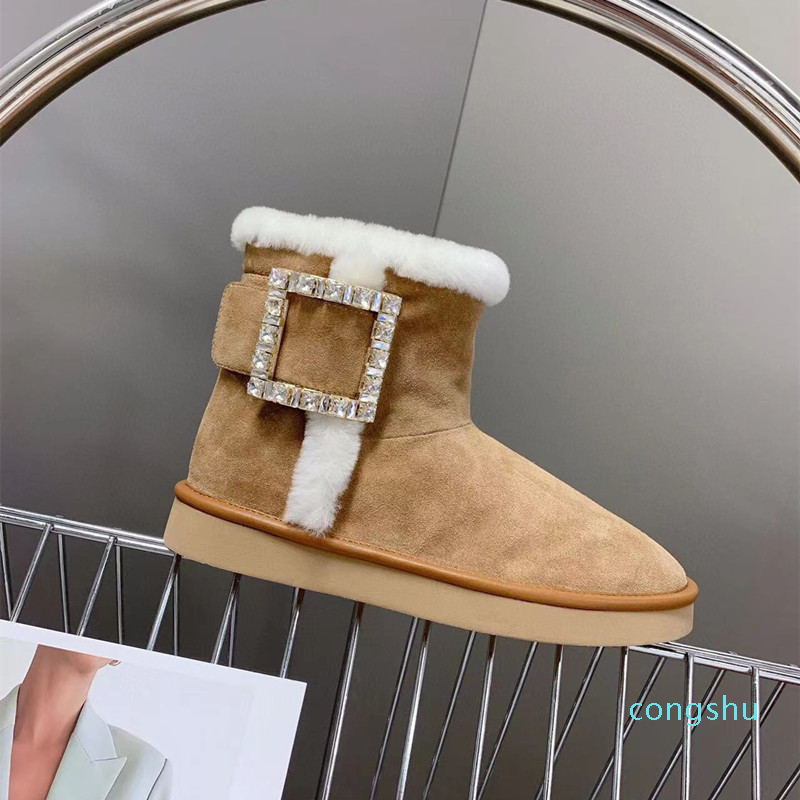 RV Winter New Product Rhinestone Square Buckle Short War Womens Boots Suede Foot Pure Wool Snow Shoes Flat Bottom Thick Fleece11