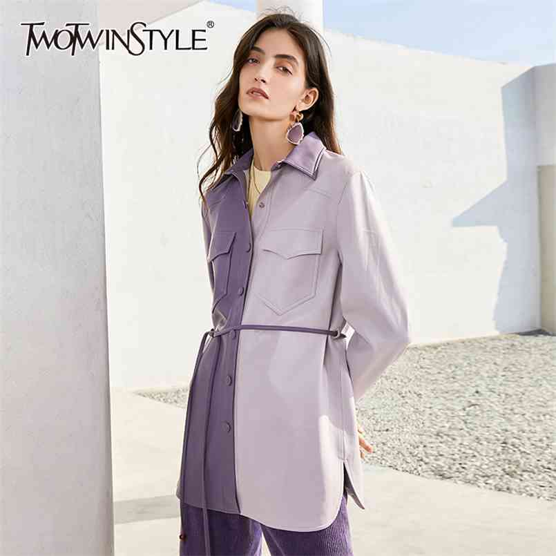 

Vintage PU Leather Jacket For Women Lapel Long Sleeve Patchwork Hit Color Casual Jackets Female Fashion Style 210524, Pink