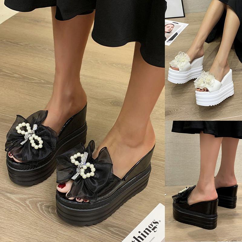 

Slippers Women Wedge Sandals Platform Shoes For Woman Summer Bow Weave Plus Size Slip-on Beach Ladies Thick Bottom, Black