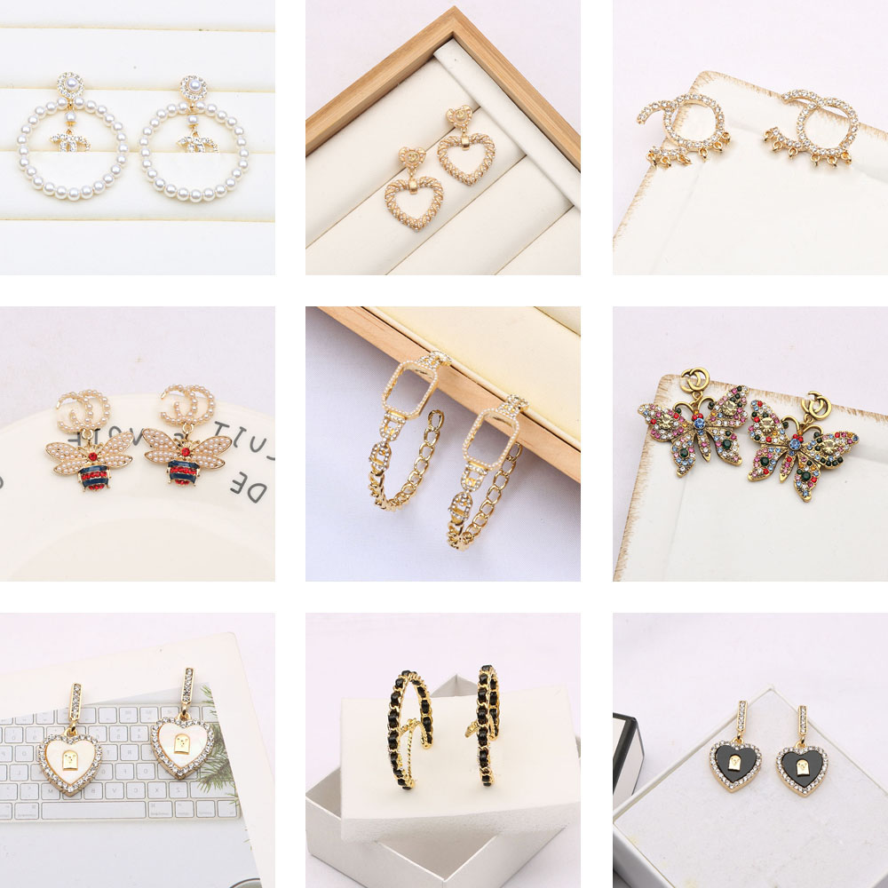 

25style 18K Gold Plated Copper Jewelry Luxury Designer Double Letters Stud Dangle Small Sweet Wind Crystal Rhinestone Pearl Earring Fashion Accessories, Style--24