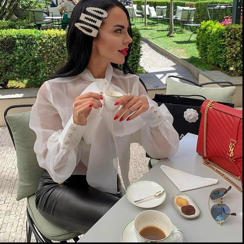 

Sexy Organza Womens Blouses Women See Through Lady Shirts Big Bow Collar Blouse White Shirt Lantern Long Sleeve Tops Loose