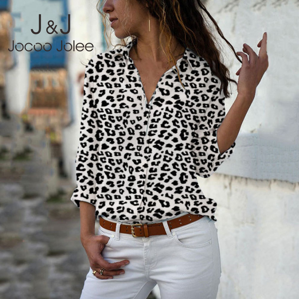 

Jocoo Jolee Women Spring Long Sleeve Button Turn-down Neck All-match Slim Shirt Casual Floral Print Blouse Leopard Blusas Tops 210518