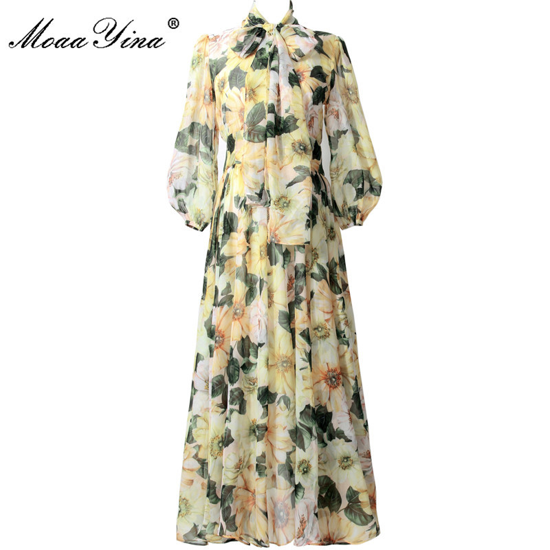 

Bohemian Vacation Chiffon Dress Women Fashion Runway Summer Long sleeve Yellow Camellia Print Elegant Midi 210524