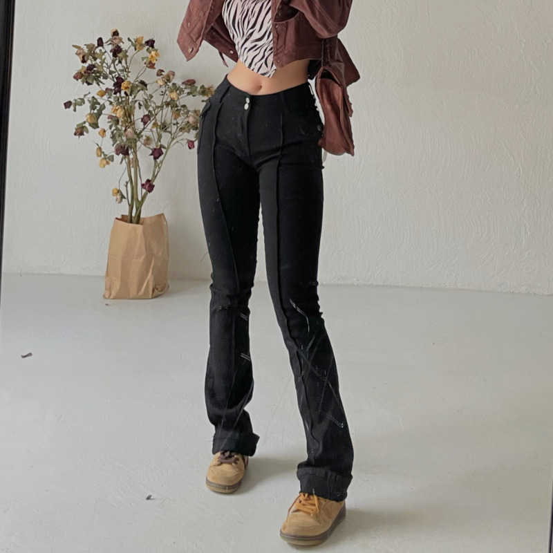 

WOMENGAGA Sexy Korea Long Legs High Waist Double Button Black Pants Pocket Straighthorn Jeans Trousers Summer SR8E 210603