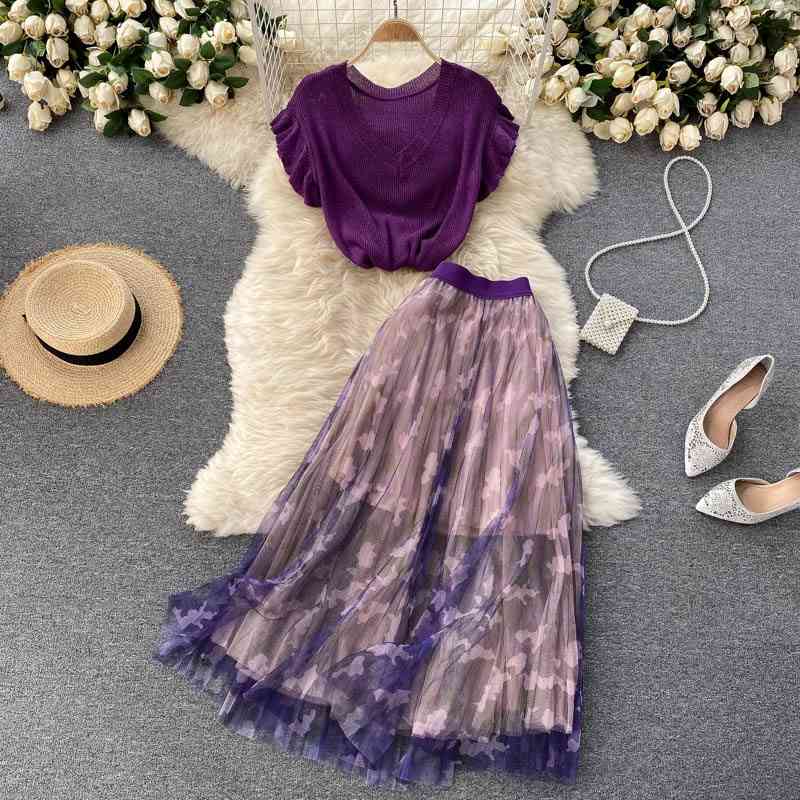 

Women Elegant Two Piece Sets Fashoin V Neck Knitted Tops Floral Printed Skirts Outfits Woman Vintage 2 Pcs Suits Clothes 210602, Purple