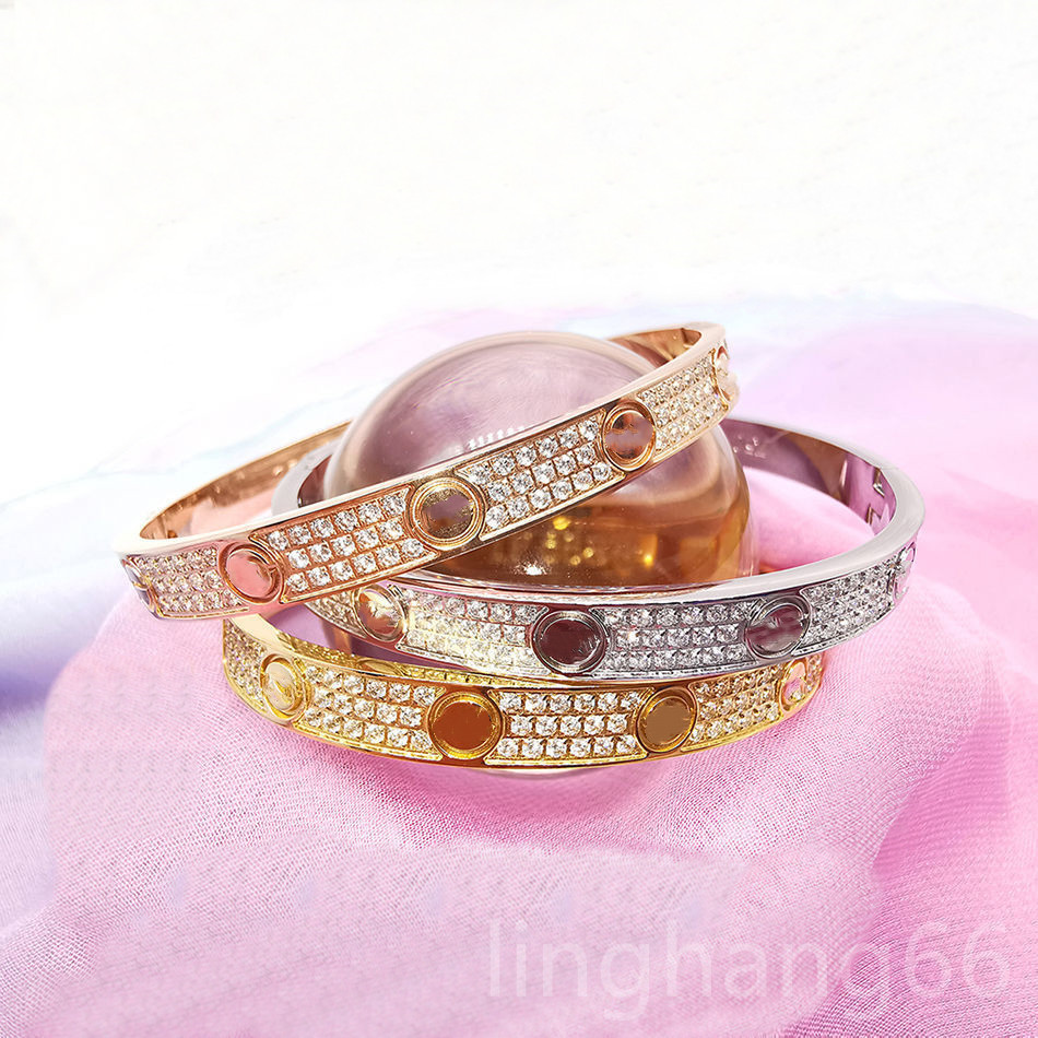 

Titanium Steel 3 Row Full Diamond Bracelet Fashion Women Men Chirstmas Bangle Bracelets Distance Jewelry Gift with velvet bag AAAAA