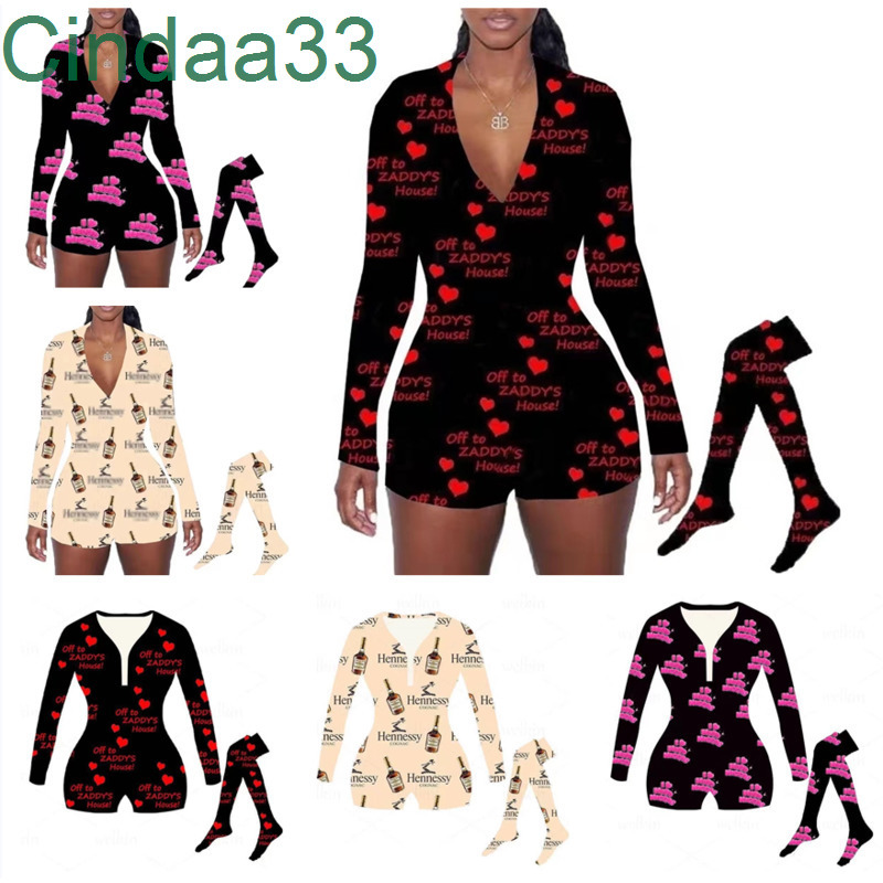 

Women Jumpsuit Designer 2022 Slim Sexy V Neck Printed Valentine Day Long Sleeve Shorts And Sock Two Piece Set Ladies Homewear -XXL 3 Colours, Love