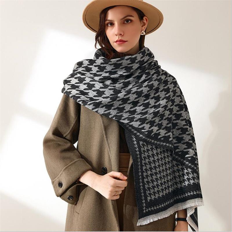 

Scarves Winter Scarf Women Cashmere Warm Pashmina Houndstoot Foulard Female Wrap Thick Soft Bufanda Big Tassels Shawl Long Stole, Blue;gray