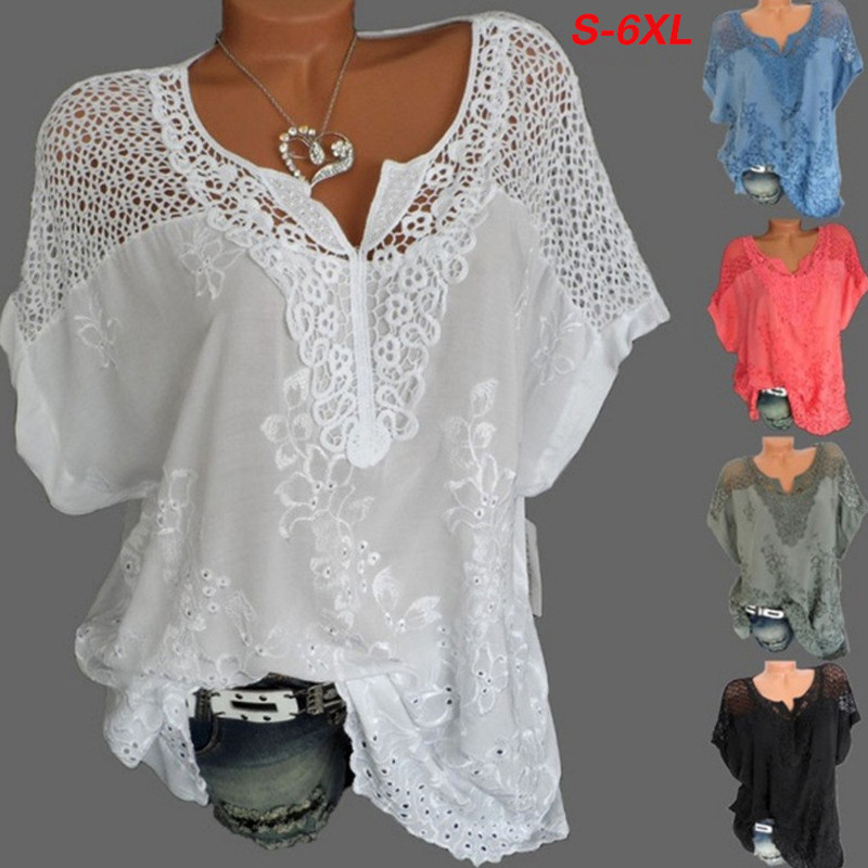 

2021 Boutique Womens Blue shirt Wholesale Fashion Lace V neck Embroidered Short sleeved Bat Blouse, White
