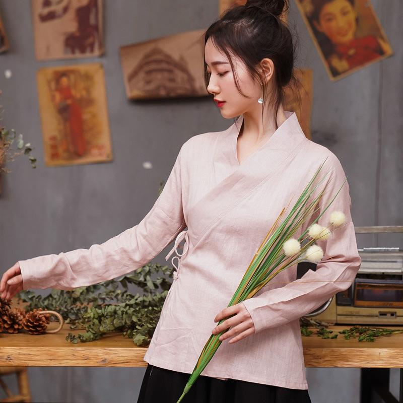 

Women's Blouses & Shirts Vintage Lady Solid Tops Pink Chinese Women Shirt Cotton Blouse Oriental Hanfu Stage Show Clothing Long Sleeve Top C