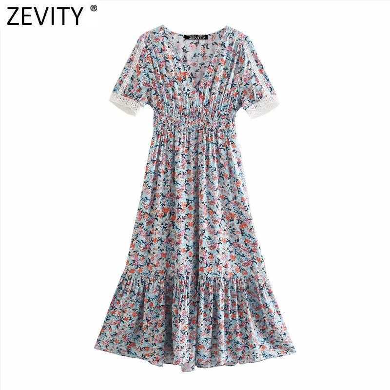 

Zevity Women Elegant V Neck Floral Print Pleat Ruffles Midi Dress Female Lace Patchwork Elastic Vestido Chic Boho Dresses DS8332 210603, As pic ds8332ll