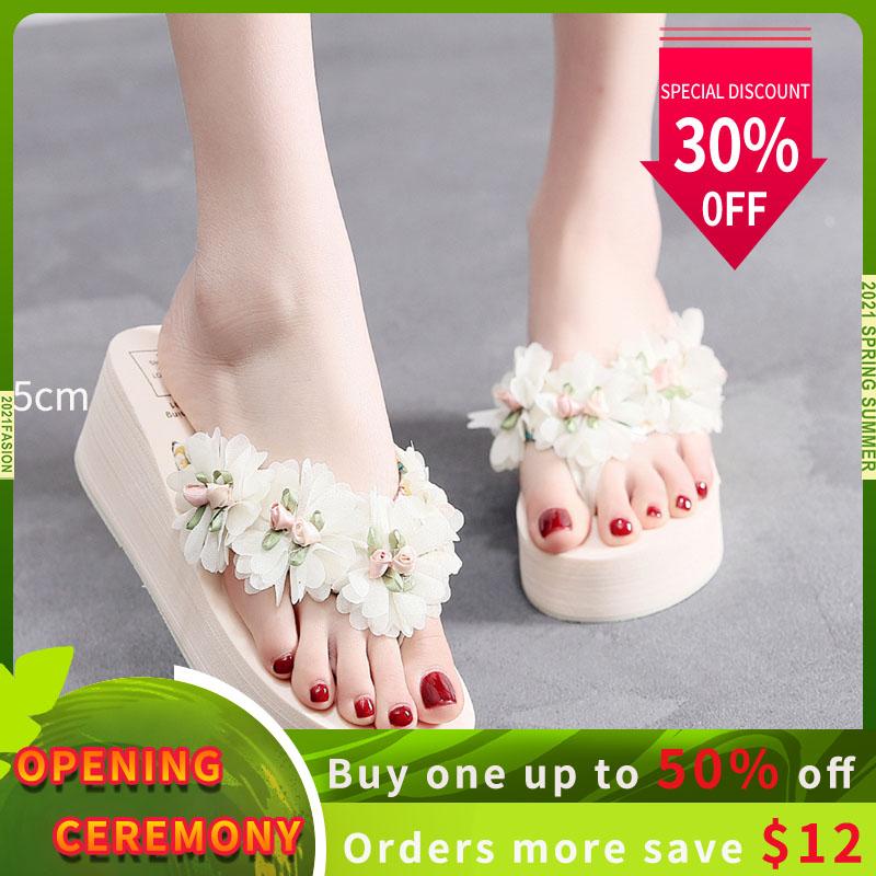 

Slippers Manual Flowers Flange Strap Beach Flip Flops High Heel Bohemia Wenge Shoes Summer Non-slip Woman Outdoor Sandals, Black