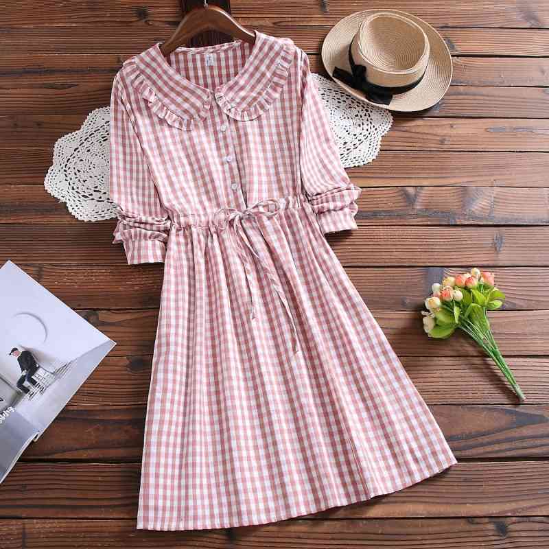 

Banulin Vintage Spring Summer Women Plaid Dress Mori Girl Cotton Linen Elegant Female Vestidos Long Sleeve Casual Slim 210603, Red
