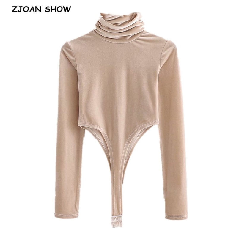 

Spring Vintage Ruched High Collar Velvet Long sleeve Bodysuit Woman Short Jumpsuit Velour Slim fit Rompers Playsuits 210429, Khaki