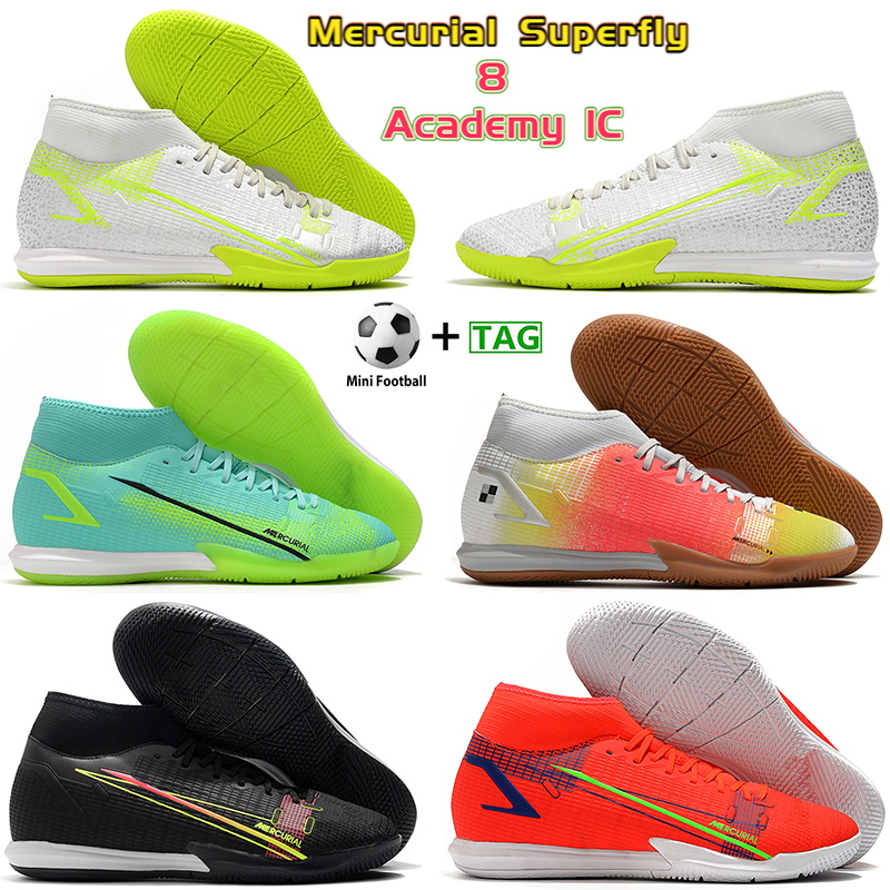 

Mercurial Superfly 8 Academy IC men soccer cleats football shoes black cyber bright crimson pink blast metallic silver safari volt lime glow mens sportss neakers, Shoe box