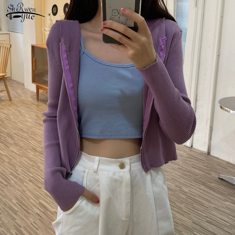 

Spring Autumn Knit Outwear Coat Thin Chic Sweatershirt Hooded Women Cardigan Sweater Fashion Zipper Long Sleeve Cardigans 11802 210521, White