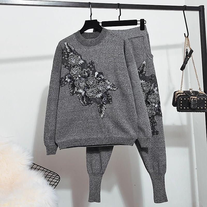 

Women's Two Piece Pants Autumn Knit Sweater Women Set Fashion Flower Long Sleeve Pullover Tops+Casual Ladies 2 Outfit Female Winter, Gray