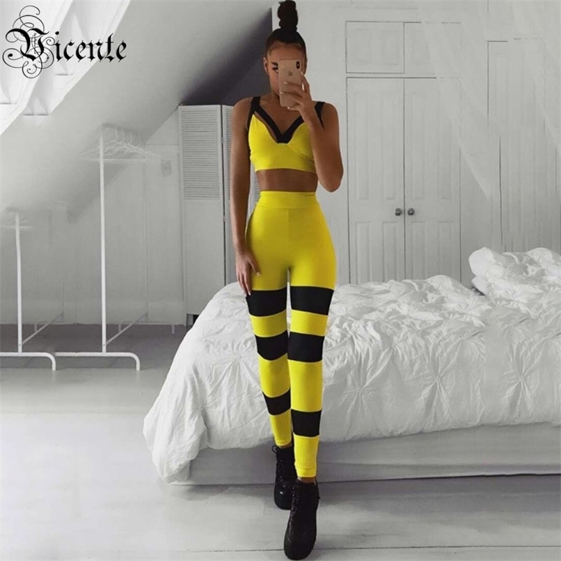 

Free Two Pieces Sets Color Block Sports Suits Sexy V Neck Celebrity Christmas Party Bandage Pants Suit 210520, Yellow