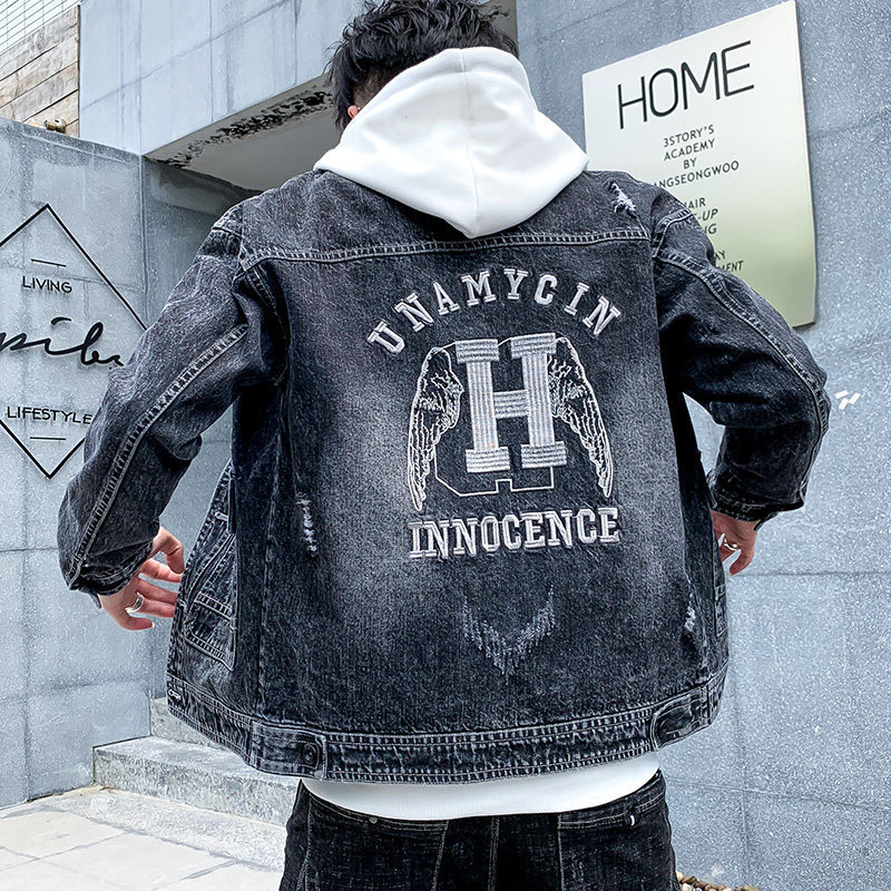 

Men's Jackets Fashion denim retro jacket men spring and autumn Korean trend handsome gown trendy brand hooded overalls GQ0K, Dark grey