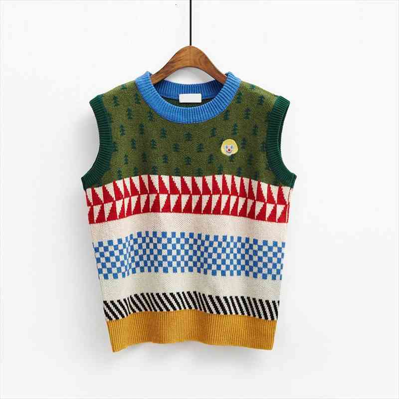 

korean institute wind retro color patchwork printed cute sweater vest womens casual round neck loose knit pullovers jumpers, White;black