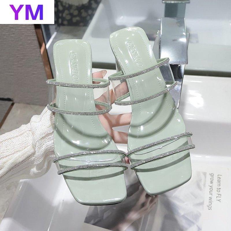 

Summer Women Sandals Pvc Flip Flop Transparent Square Toe Fine Round Heel Open Toes Shoes Outdoor Sexy 2021 Ladies Gladiator, Black