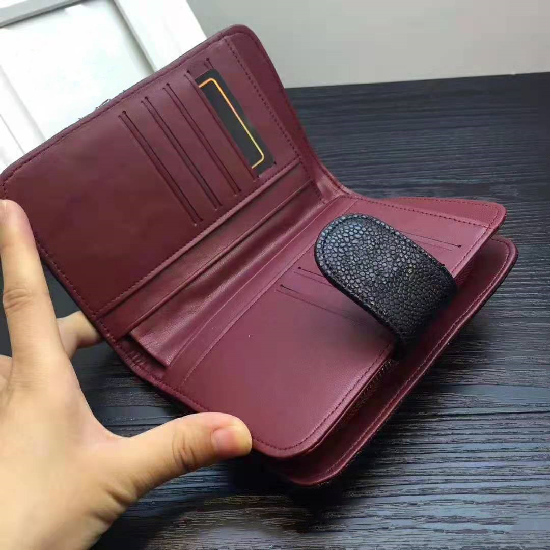 

Caviar Genuine Leather Long Short Wallet 3-fold for Women with Box Luxurys Designers Card Holders Purse, Red;black