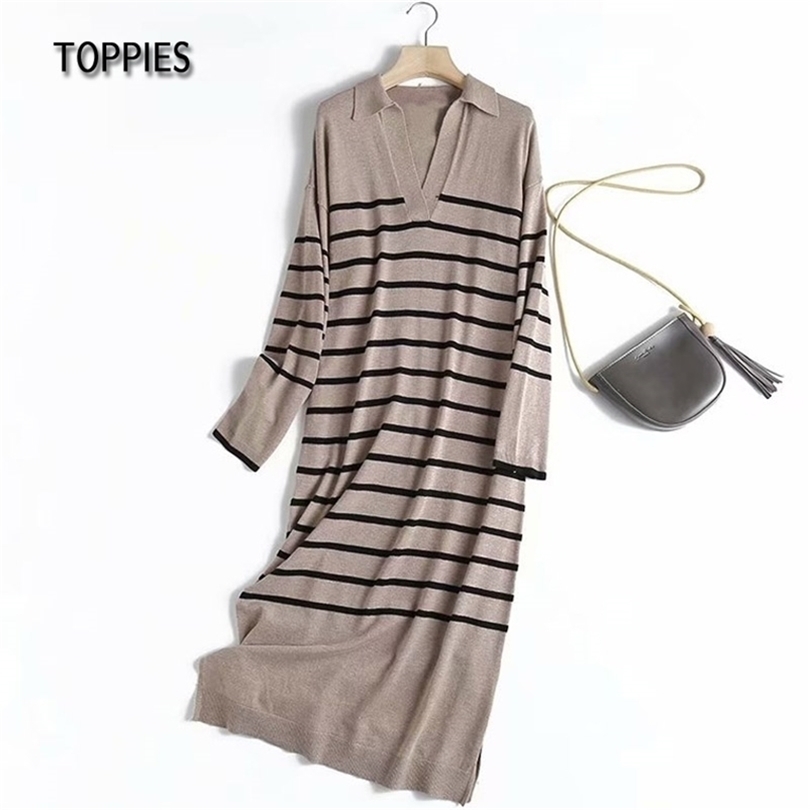 

Toppies Winter Lapel Sweater Dres Long Sleeve Knitted Striped Midi Dresses Side Split 211109