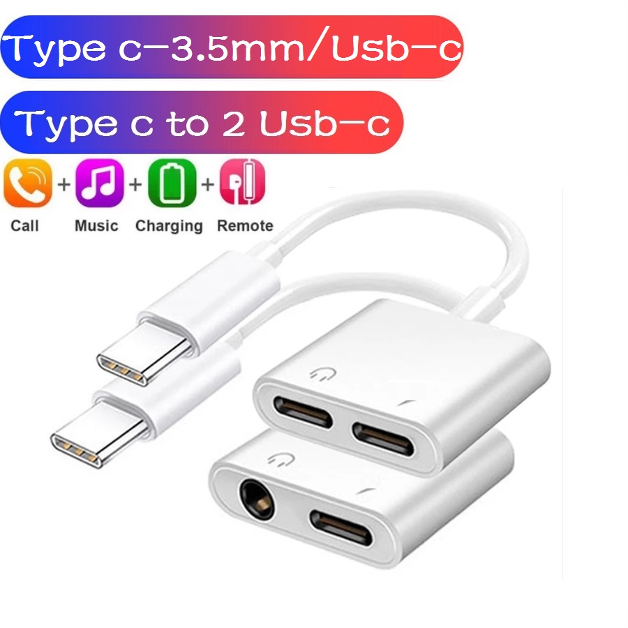 

2 in 1 Type c to USB-C 3.5MM Jack Audio Charger Splitter Adapter Converter Cable For Samsung S21 S20 Note 20 Ultra Android phone Headphone Charging Adapters, White