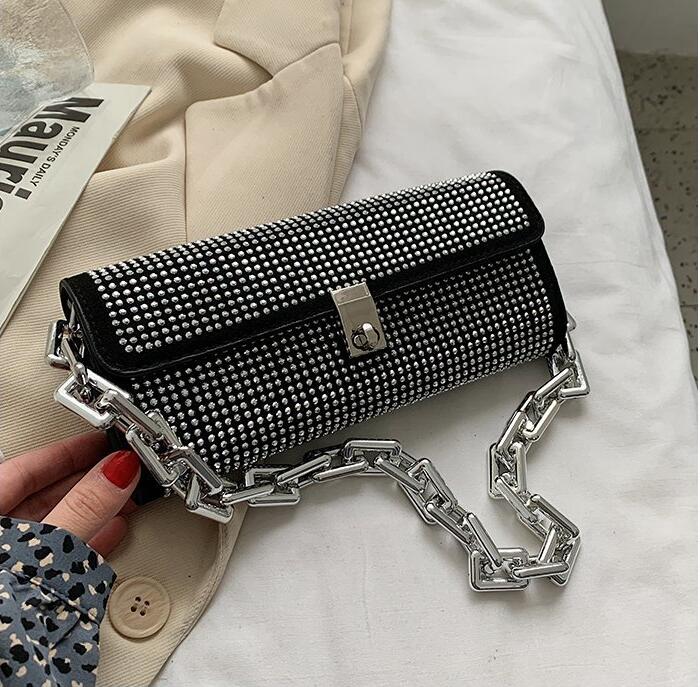 

Factory wholesale leather women shoulder bags net red popular bright diamond chain bag summer pearl fashion handbags street personality rivet handbag, Black2(boutique box)