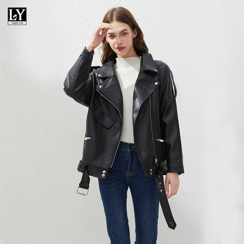 

LY VAREY LIN Spring Women PU Faux Leather Jacket Casual Biker s Outwear BF Style Black Female Coat 210526