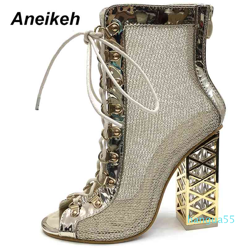 

Aneikeh Summer Sandal Sexy Golden Bling Gladiator Sandal Pumps Shoes Lace-Up High Heels Boots Gold 42 43 0036, Black