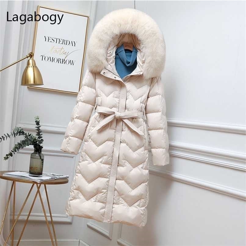 

Lagabogy Winter Hooded Long Puffer Jacket Women 90% White Duck Down Coat Female Slim Warm Parkas Real Fur Outwears 211108, Beige no fur