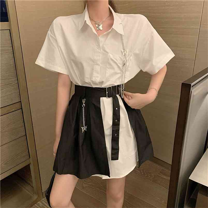 

Women 2 Piece Set Summer White Turn Down Collar Cotton Long Shirt + High Waist Pleated Mini Skirts Casual Suit 210519, Photo color