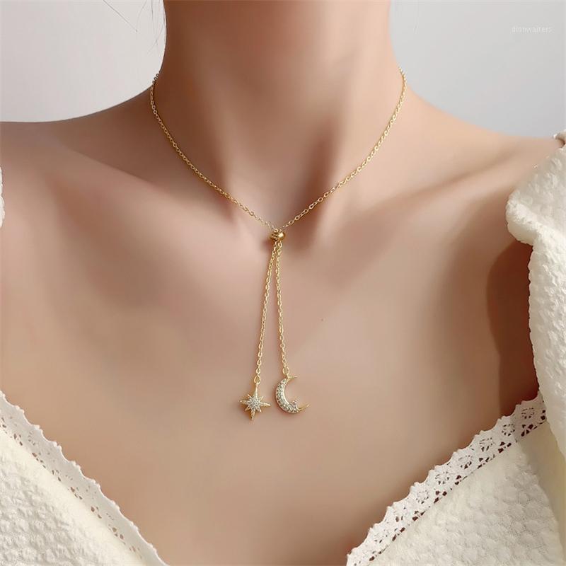 

Zircon Star Moon Tassel Necklace Small Clavicle Chain Pullable Pendant Vintage Metal Jewelry For Woman 2021 Trend Chains