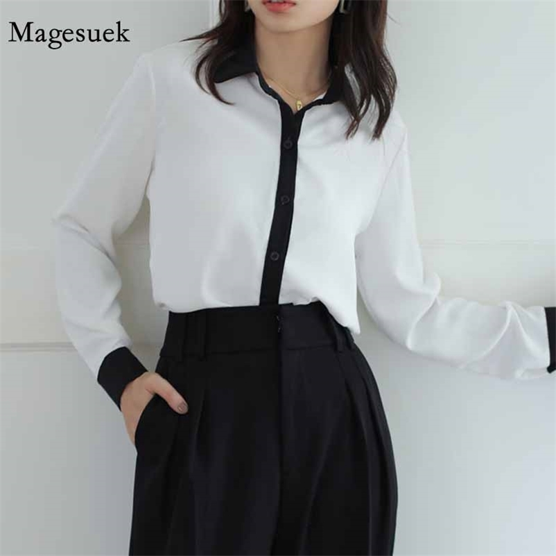 

Autumn Long Sleeve White and Black Splice Bottoming Shirts Professional Slim Lapel Blouse Women Cardigan Tops Blusas Mujer 11346 210518