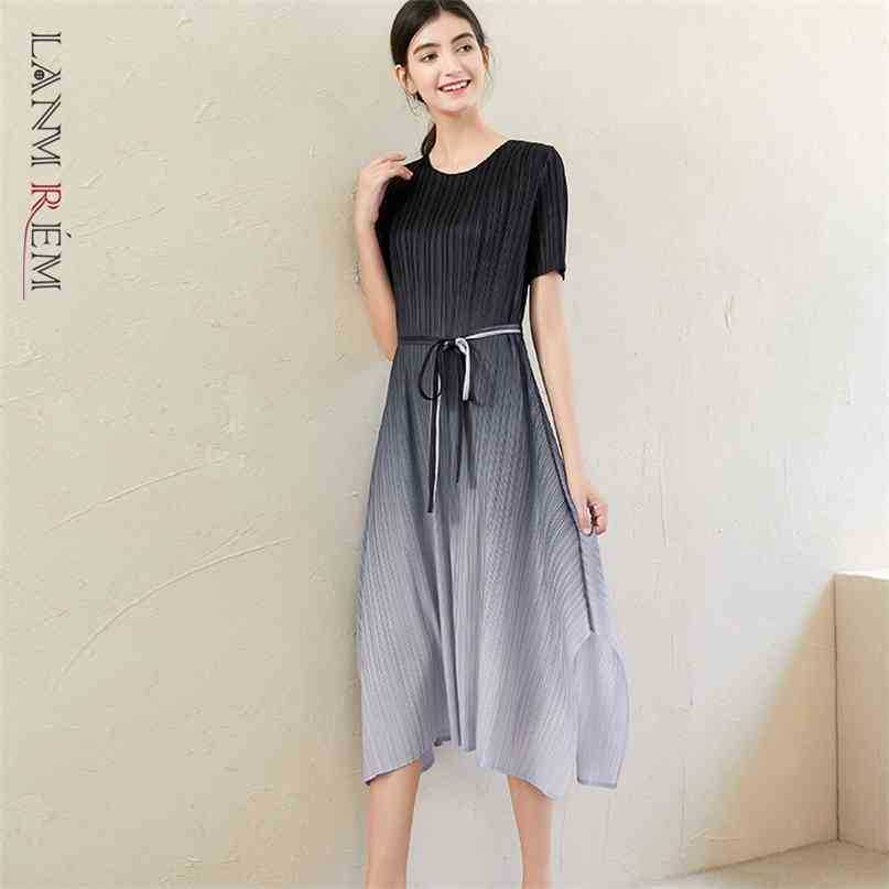 

Women Pleated Big Size Gradient Bandage Dress Round Neck Short Sleeve Loose Fit Fashion Summer 2E1579 210526, Yellow