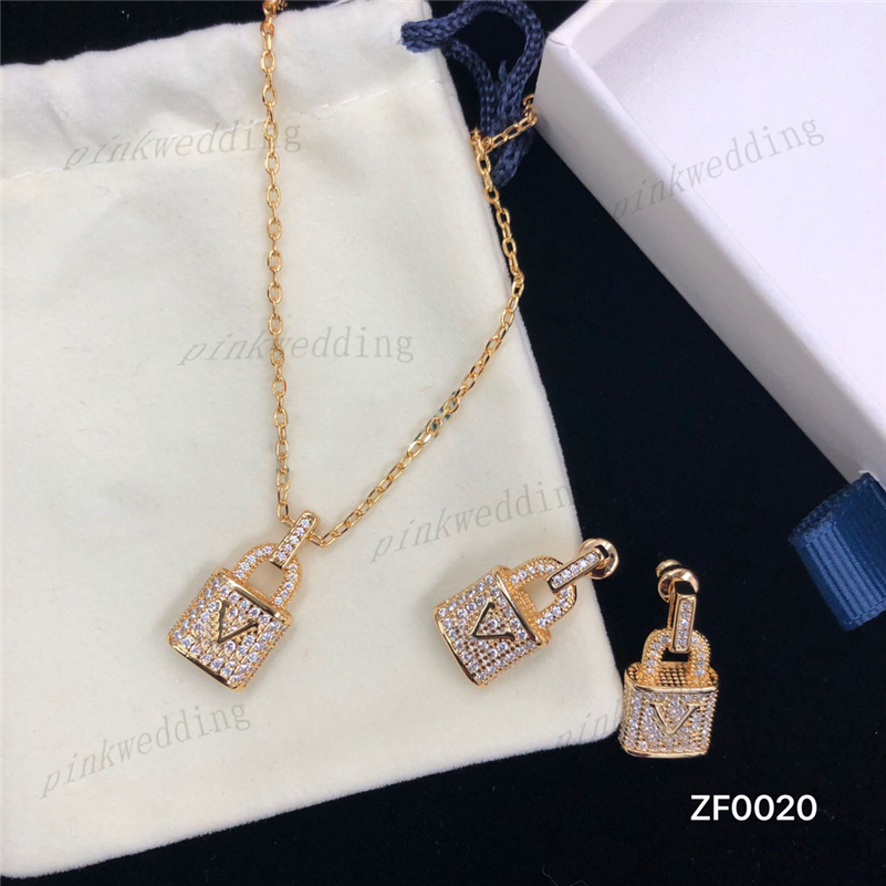 

Diamond Lock Pattern Earring Delicate Letter Necklace Personalized Street Punk Ear Stud Hip Hop Pendant Necklaces, Golden