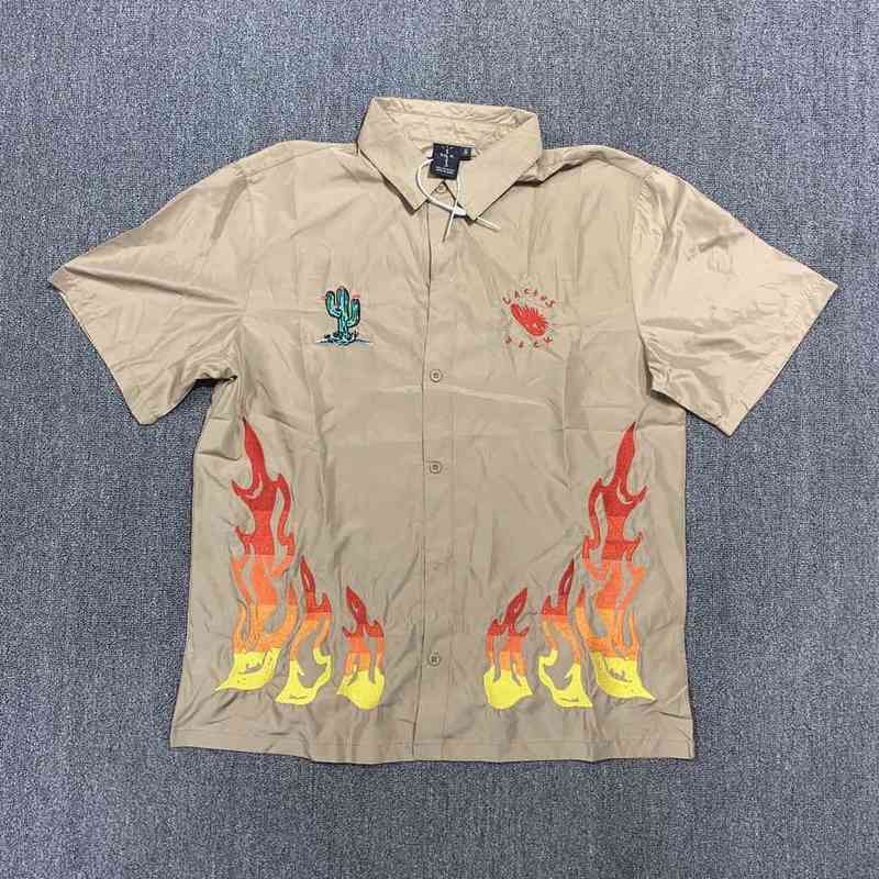 

Street Fashion Travis Scott Cactus Jack Co Branded Nylon T-shirt Short Sleeve Embroidered Flame Casual Shirt, Khaki