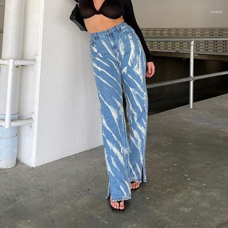 

Women' Fashion Casual Graffiti High Waist Leg Slit Straight Jeans Blue1, Blue