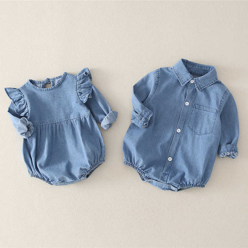 

Spring Baby Solid Color Denim Bodysuits born Brother Sister Fashion Long Sleeve Clothing 0-2Y 210615, Baby boy style
