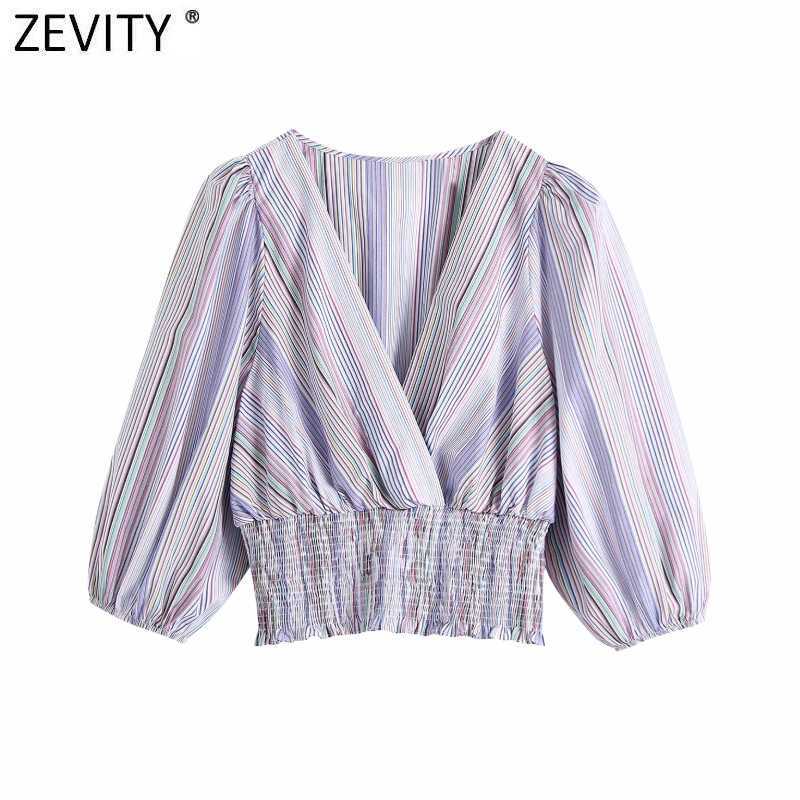 

Zevity Women Vintage Cross V Neck Colorful Striped Print Short Slim Blouse Female Puff Sleeve Shirt Chic Chiffon Tops LS9136 210603, As pic ls9136bb