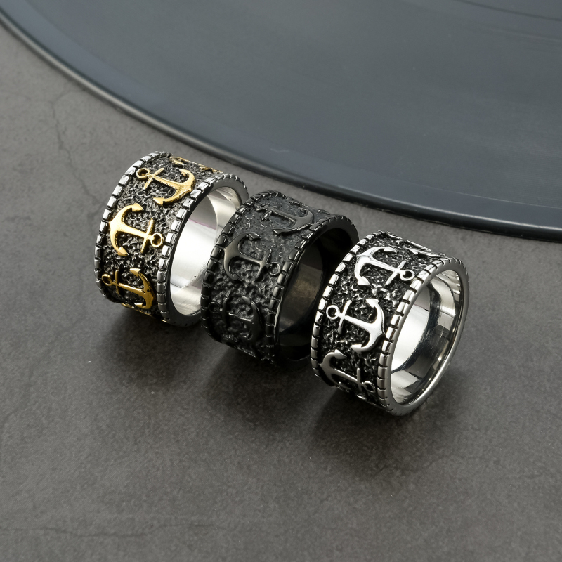 

Mens Antique Silver Gold Plated Stainless Steel Anchor Pattern Ring for Gift