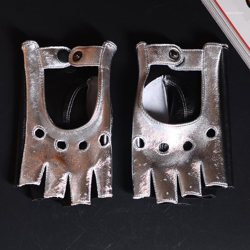

Women's Ladies Genuine Leather Unlined Double Sides Snap-fastener Silver Fingerless Semi-finger Punk Rock Short Gloves1