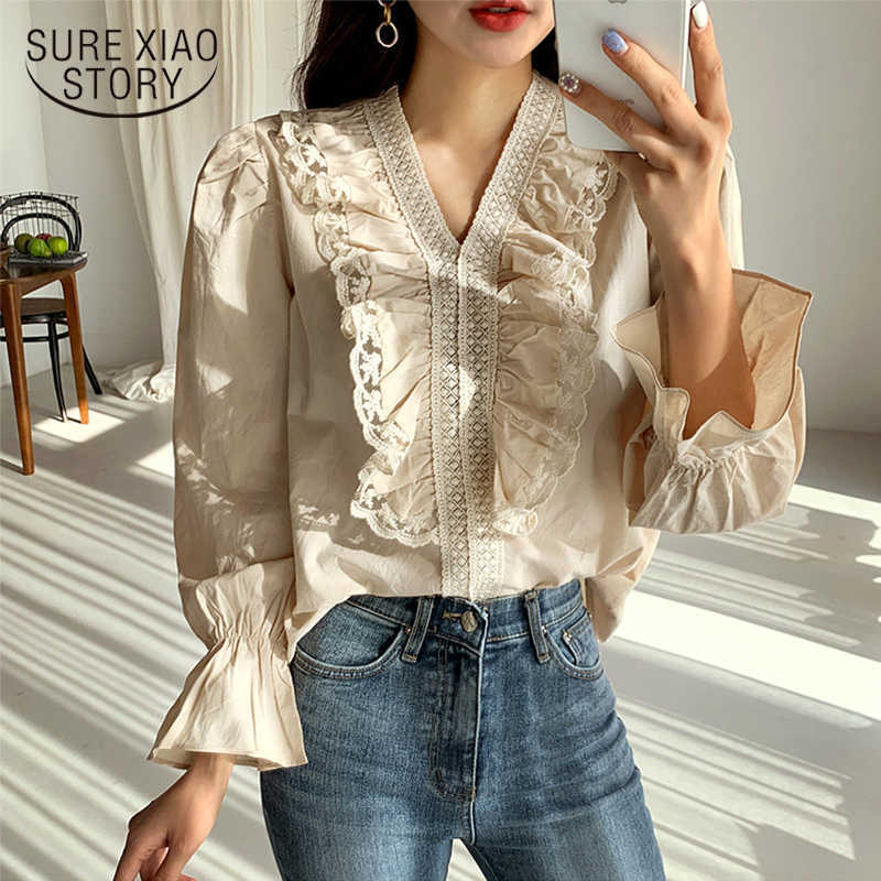 

Autumn Vintage White Blouse Women Pullover Ruffles Lace Womens Blouse Flare Sleeve Cotton Shirt Elegant Women Blusas 11271 210527, Apricot