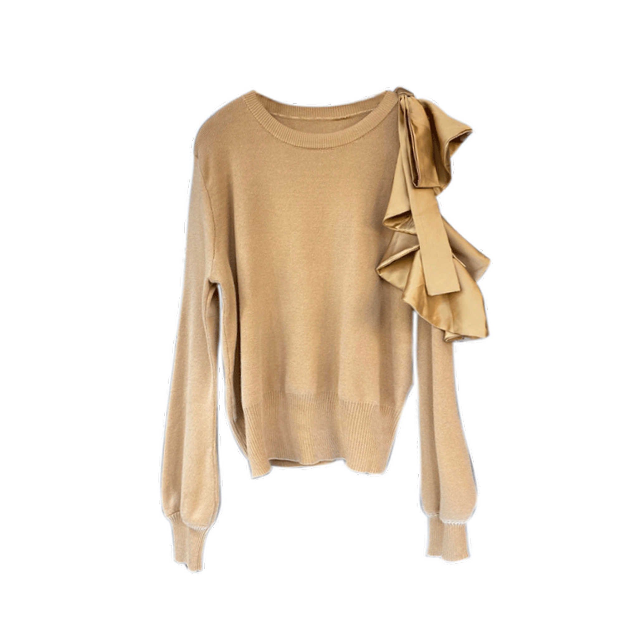 

VANOVICH Korean Design Bow Off-the-shoulder Sweater Women's Fashion Women 210615, Khaki
