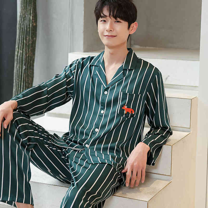 

Silk Men's Sleepwear Stripe Stain Pajama Sets Mens Pajamas Lounge Wear Modern Style Nightgown Home Male Soft Cozy Sleeping Pyjamas 5OCT, Black;brown