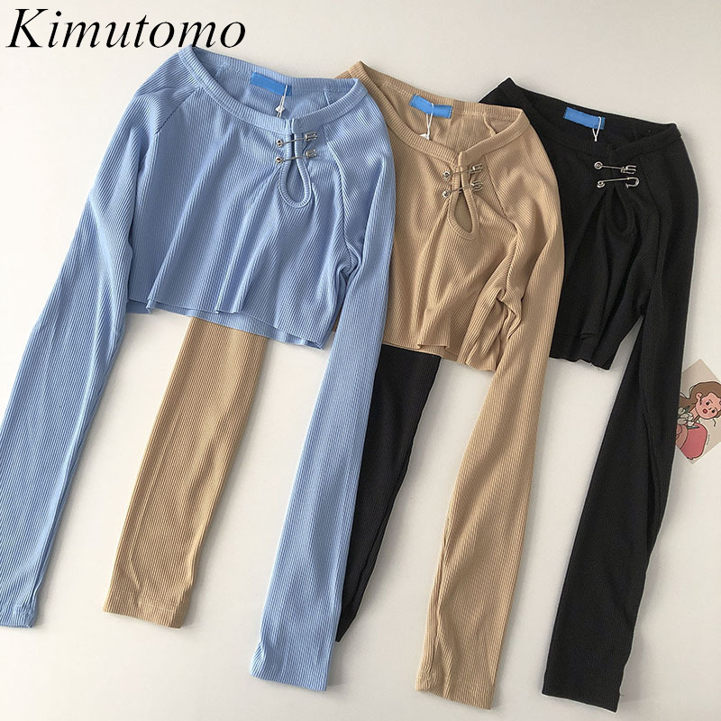 

Gender Needle Hollow Out Knitted T-shirt Women O Neck Long Sleeve Solid Short Tops Female Spring Korean Fashion Elegant 210521, Milk cafe